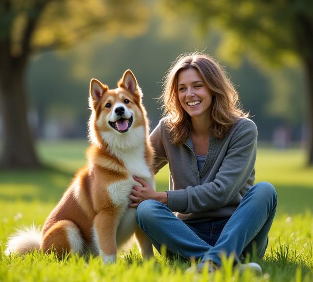 Proprietario felice gioca con il suo cane in un parco, simbolo del benessere animale.